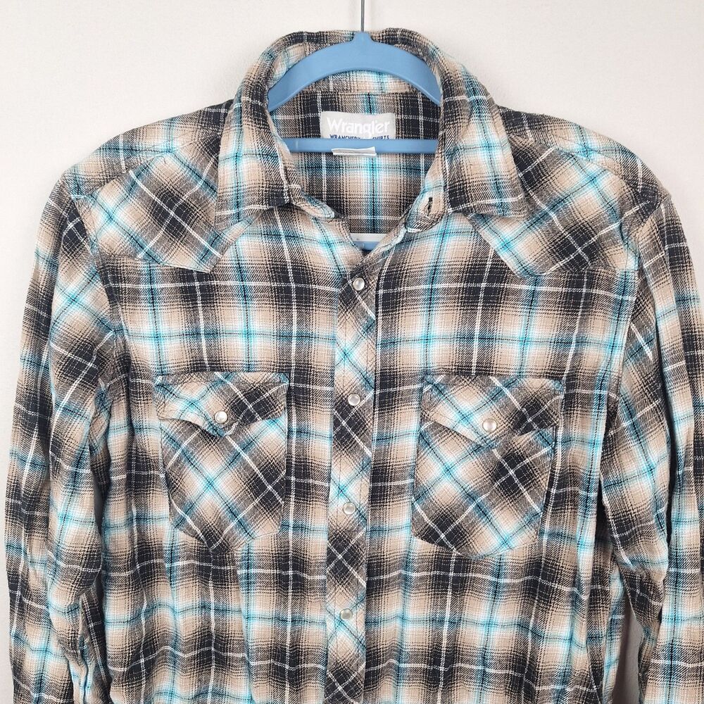 Wrangler Wrancher Soft Flannel Blue Plaid Western Shirt Pearl Snap Size Medium - Picture 2 of 7